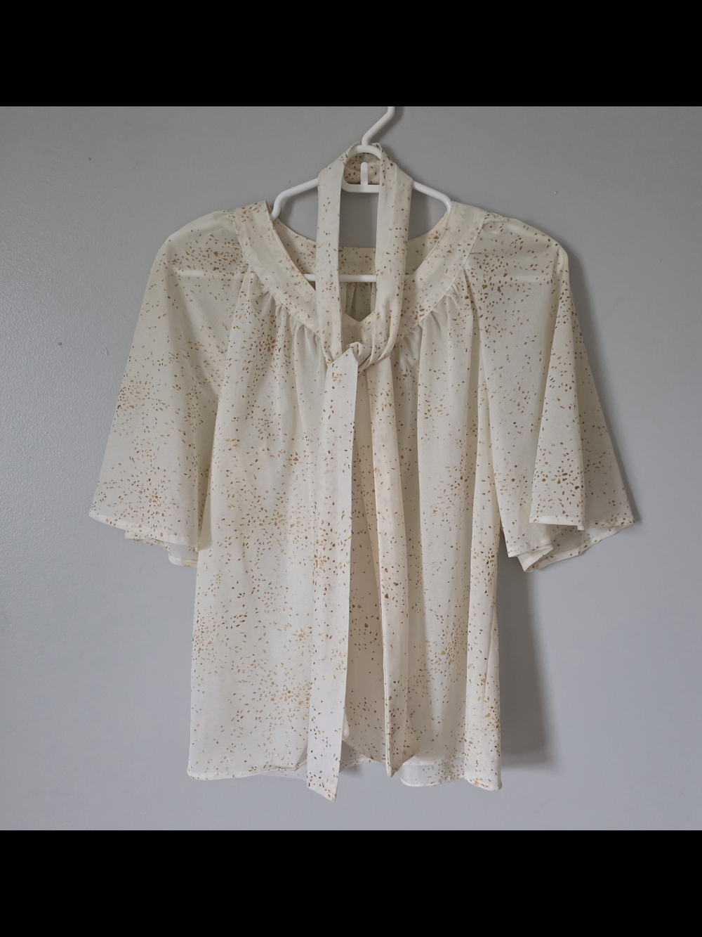 Tie-Neck Flutter Sleeve Blouse in Cream with Gold Speckle
